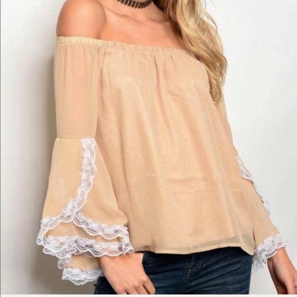 🥂PERFECT PAIRING🥂OFF THE SHOULDER TAN TOP-NEW - Picture 2 of 4